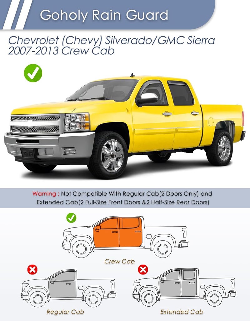 Goholy in-Channel Window Rain Guard for Chevrolet Chevy Silverado/GMC Sierra 2007-2013 Crew Cab Rain Guards Side Window Visors Low Profile Vent Visor Window Deflectors Vent Shades Car Accessories - Image 3